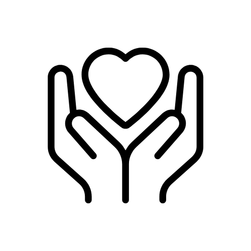 Black outline of two hands holding a heart on a white background