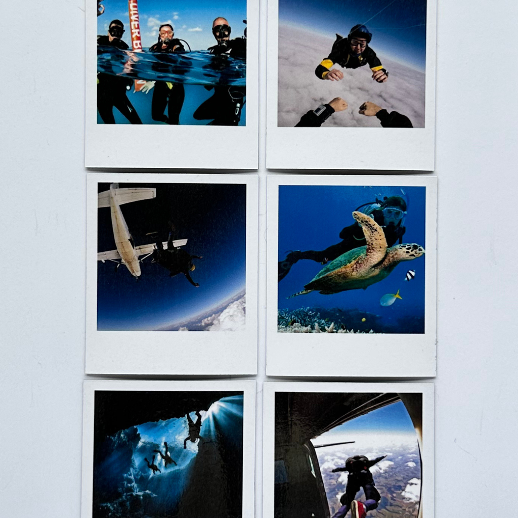 Set of six polaroid photos showing various adventurous activities on a light blue background. 6 pack custom polaroid photo magnets.