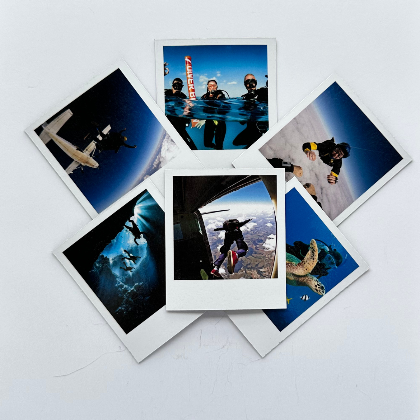 Collection of Polaroid-style photos featuring various activities on a white background