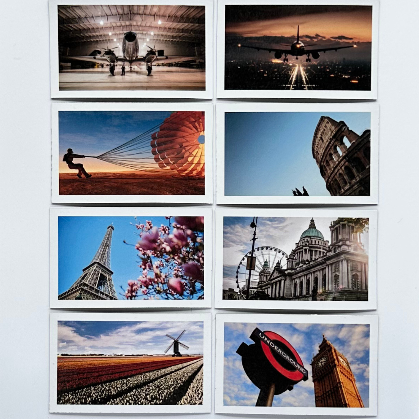 Collection of travel-themed photographed photo magnets 8 pack displayed on a white background